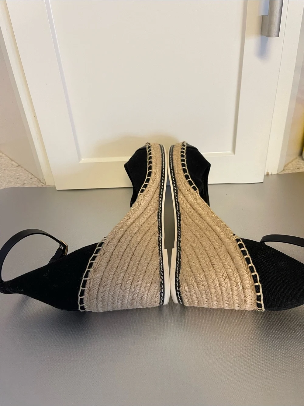 Tory Burch Black Espadrille Wedge Nappa Sandals w/ Ankle Strap Color Block Sz 11